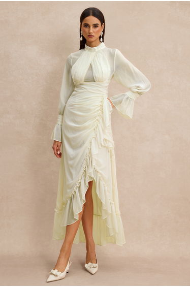 Stand Collar Ruffle Gathering Midi Dress