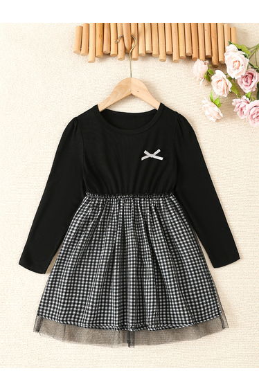 Girls Black and White Checkered A-Line Dress