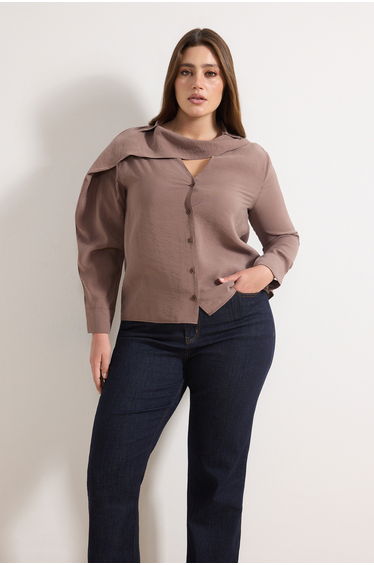 Mink Modal Long Sleeve Shawl Detail V-Neck Plus Size Blouse