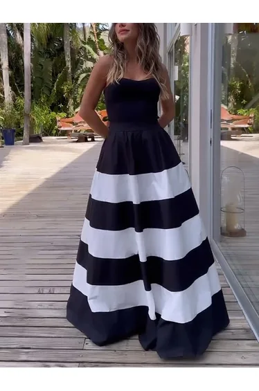 A-Line High Waisted Contrast Color Pockets Striped Tube Maxi Dresses