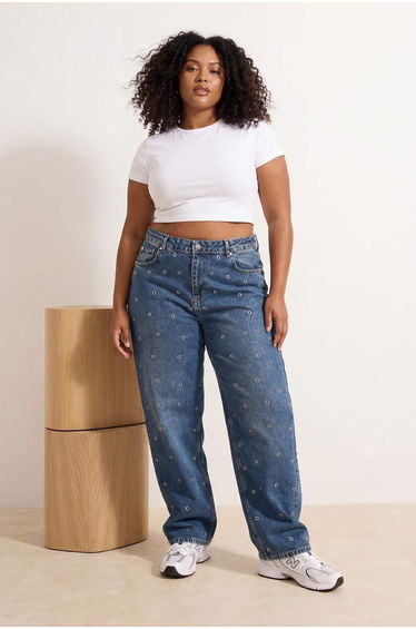 Blue High Waist Bird Eye Detailed 100% Cotton Non-Stretch Baggy Fit Plus Size Jeans