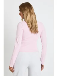 Ribbed Button Through V Neck Long Sleeve Top - 2