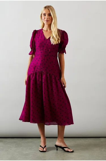 Petite Spot Puff Sleeve Midi Dress