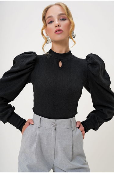 Women's Black Crew Neck Drop Neck Princess Sleeve Knitwear Blouse