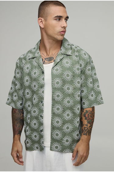 Oversized Embroidered Half Sleeve Revere Shirt - sage