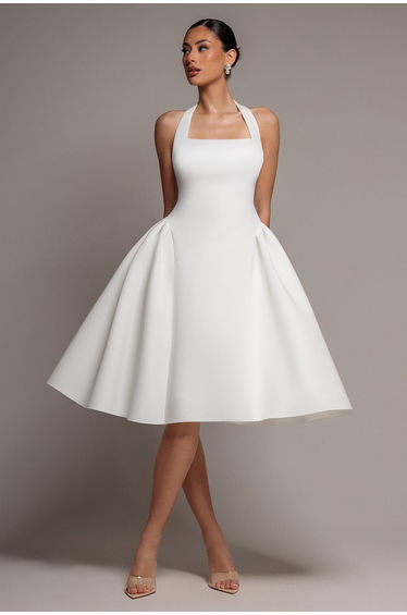 Basque Fit And Flare Halter Neck Midi Dress - White by Goddiva