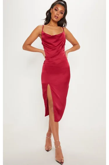 Burgundy Strappy Satin Cowl Midi Dress