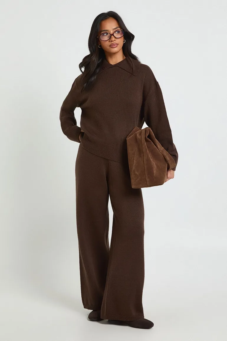 Petite Chunky Knit Collar Detail Oversized Jumper and Wide Leg Trouser Co-Ord - chocolate