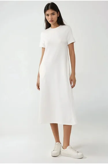 Crew Neck Short Sleeve Basic Midi Dress