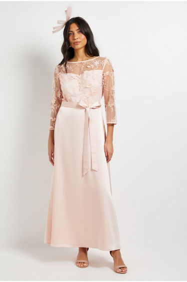 Occasion Satin And Mesh Overlay Maxi Dress
