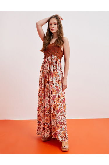 Koton Brown Floral Column Maxi Dress