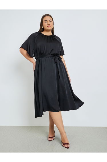 Plus Size Satin Midi Dress with Tie-Belt