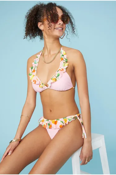 Printed Padded Triangle Frill Bikini Top - pink