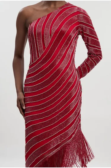 Thigh high Split Embellished Woven Fringed Midi Dress