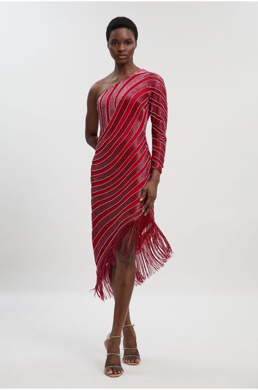 Thigh high Split Embellished Woven Fringed Midi Dress