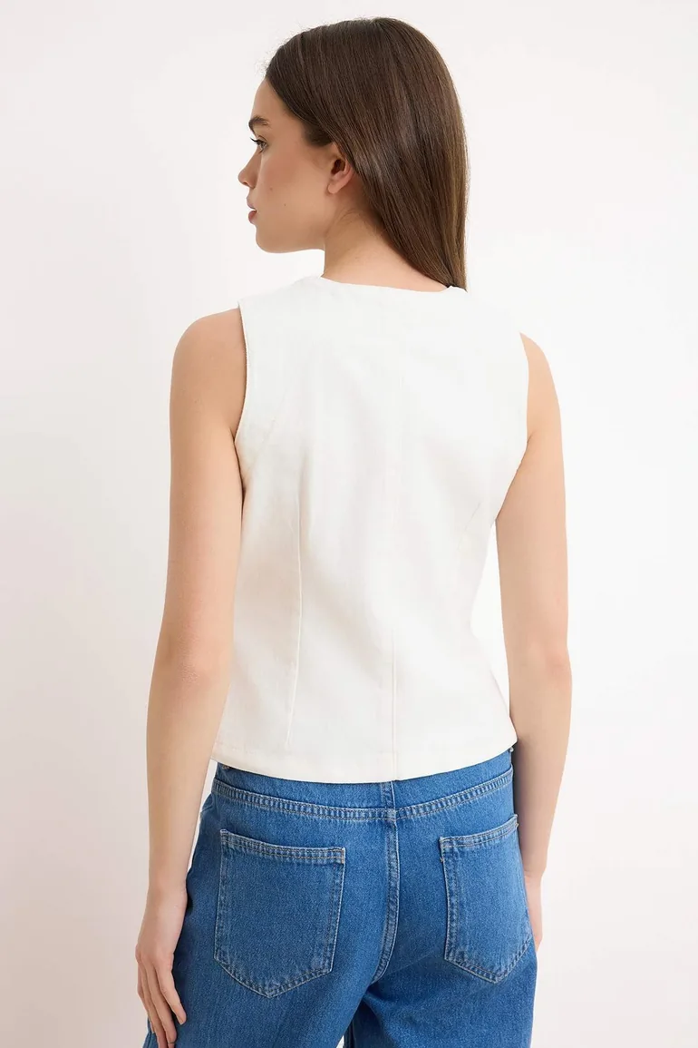 Ecru Button Detailed Fitted 100% Cotton Denim Vest - 3