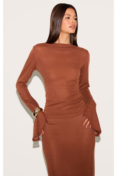 Chestnut Textured Flute Sleeve Long Sleeve Top