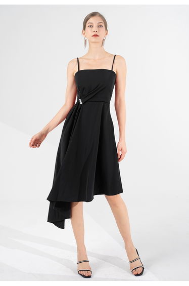 Pearl Trim Ruched Draped Asymmetric Cami Dress in Black