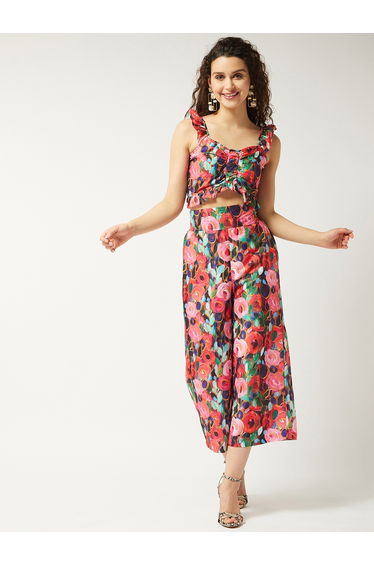 Multi Floral Print Crop Top and Pants Co-Ords