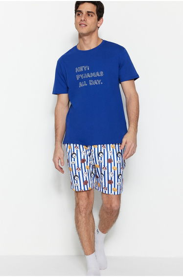 Dark Blue Unisex Regular Fit Printed Pajamas Set