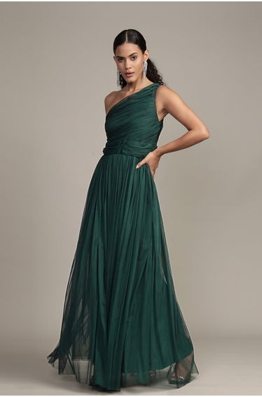 One Shoulder Floor Length Dress in Emerald Green