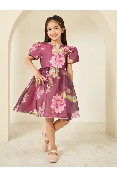 فستان بناتي أورجانزا بطبعة أزهار - زهري
