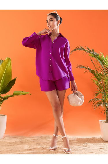 Purple Plain Cotton Shirt and Shorts Co-Ords