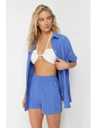 Navy Blue Woven Linen Blend Shirt and Shorts Set - 1