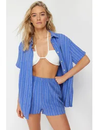 Navy Blue Woven Linen Blend Shirt and Shorts Set - 2