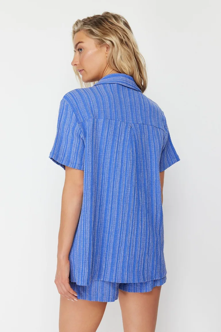 Navy Blue Woven Linen Blend Shirt and Shorts Set - 4