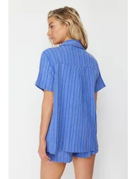 Navy Blue Woven Linen Blend Shirt and Shorts Set - 4