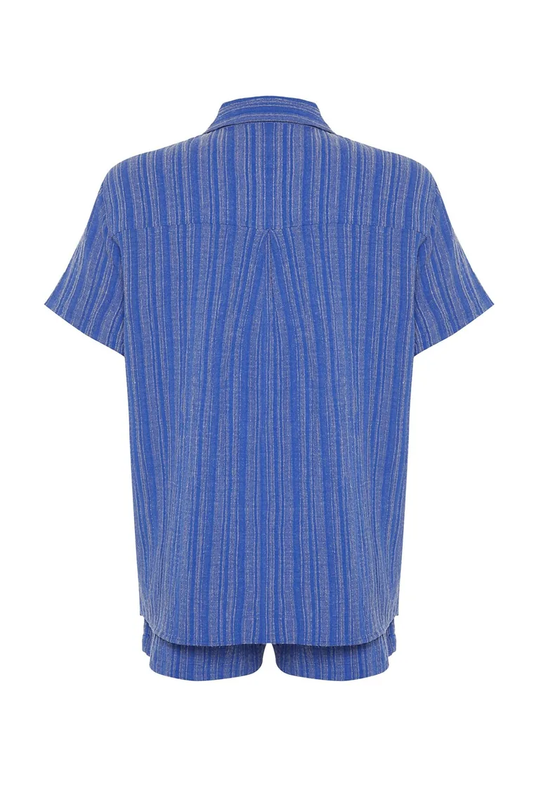 Navy Blue Woven Linen Blend Shirt and Shorts Set - 7