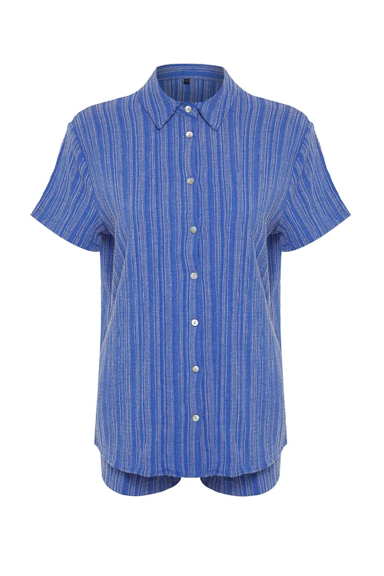 Navy Blue Woven Linen Blend Shirt and Shorts Set - 6