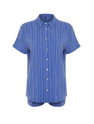 Navy Blue Woven Linen Blend Shirt and Shorts Set - 6