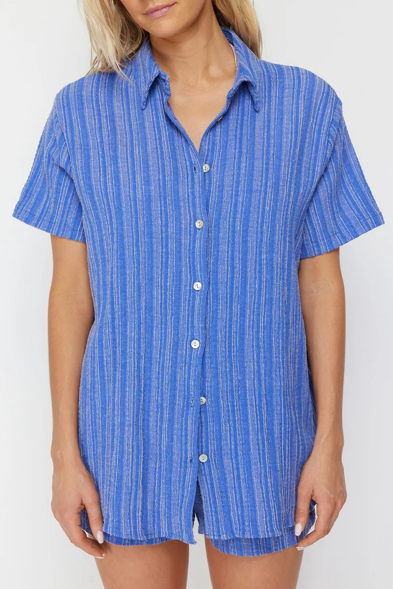 Navy Blue Woven Linen Blend Shirt and Shorts Set - 3