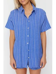 Navy Blue Woven Linen Blend Shirt and Shorts Set - 3