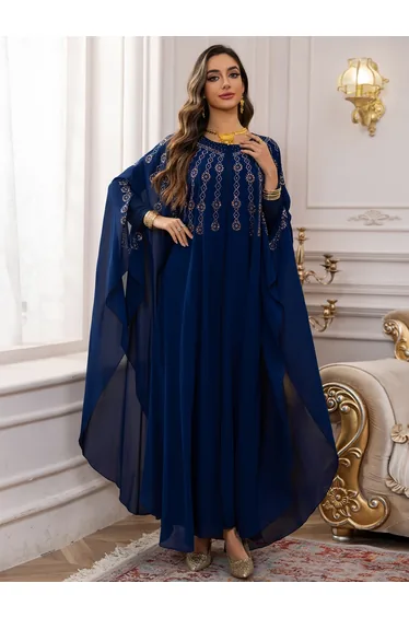 Navy Blue Embellished Cape Style Abaya and Dress Modest Set