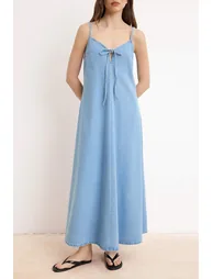 Blue Tencel Blended Strappy Maxi Denim Dress - 2