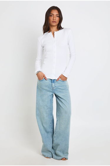 Tall Rib Button Through Long Sleeve Top - white