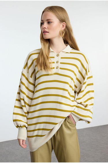 Oil Green Striped Balloon Sleeve Polo Neck Knitted Sweater