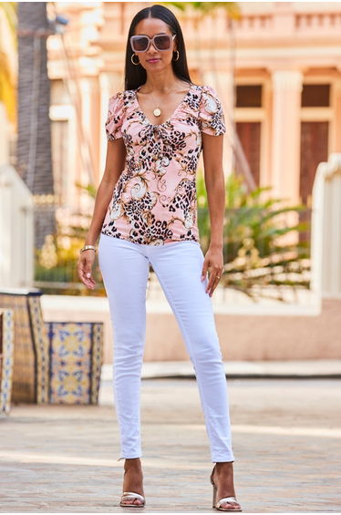 Pink WOW Print Ruched Detail Jersey Top