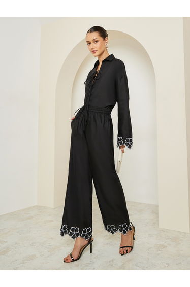 Women Black Embroidered Wide Leg Trousers