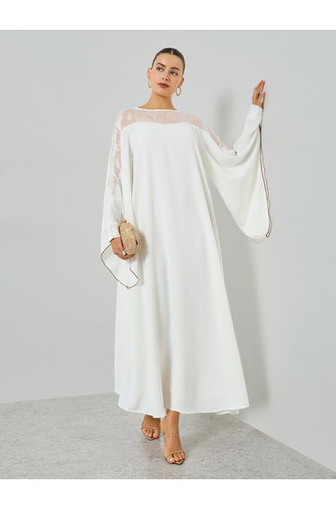 White Contrast Bell Sleeve A-Line Kaftan