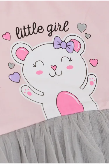 Baby Girl Long-Sleeve Dress for Little Girls, Love Theme, Happy Teddy Bear Print, Pink Tulle Dress