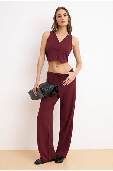 Burgundy Buttoned V-Neck Wide Leg Knitted Vest/Pants Bottom-Top Set