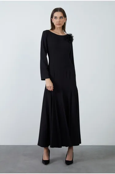 Black Dress With Crystal Stone Brooch Detail