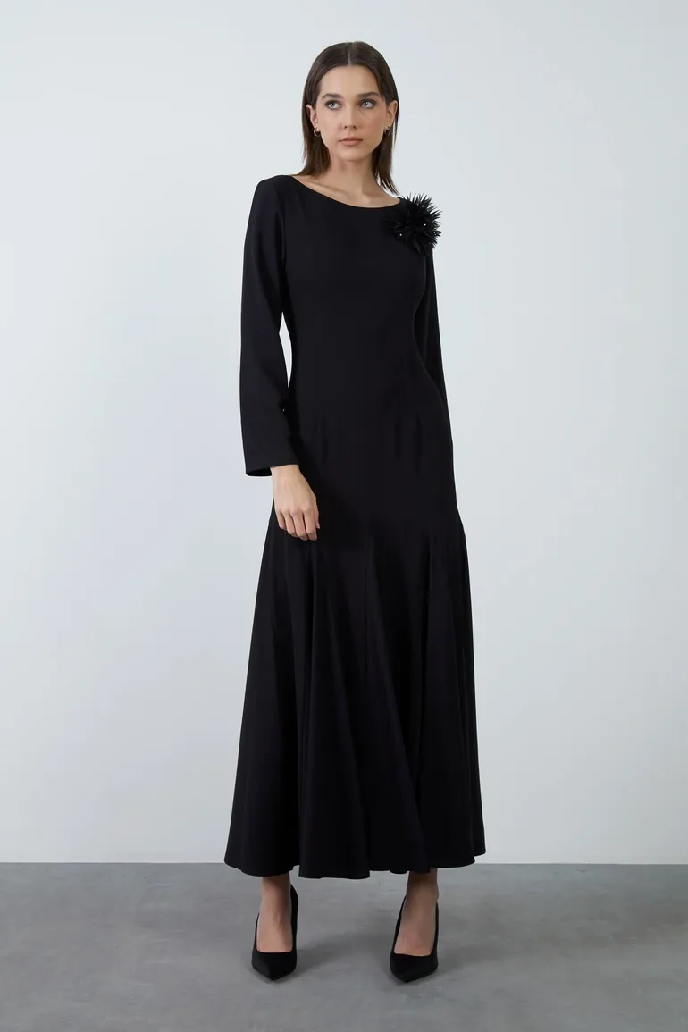 Black Dress With Crystal Stone Brooch Detail