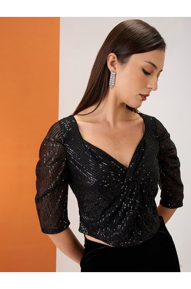 Black Twisted Detail Sequined Party Crop Top