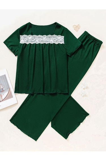 Green Lace Insert Short Sleeve Top and Pyjama Set