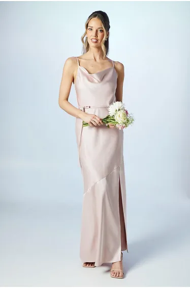 فستان ساتان ماكسي بياقة منسدلة